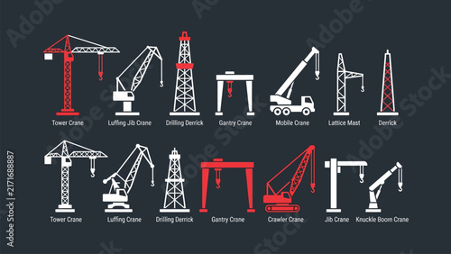 Heavy industrial construction crane icons representing building equipment machinery and infrastructure development