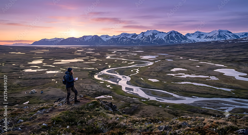 Obraz premium Hiker stands on a high mountain ridge overlooking a vast river valley during a colorful sunset.