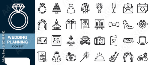 Wedding Planning Icon Set with Rings, Cake, and Decorative Elements
