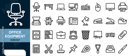 Office Equipment Icon Set with Minimalist Line Art Design Featuring Workspace