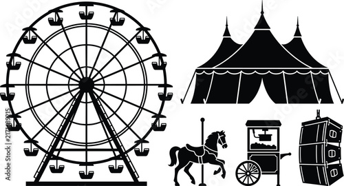 Black silhouette set of amusement park and carnival icons including ferris wheel, circus tent, carousel horse, and popcorn cart.
