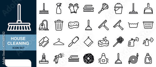 House Cleaning Icon Set with Cleaning Tools and Laundry Symbols