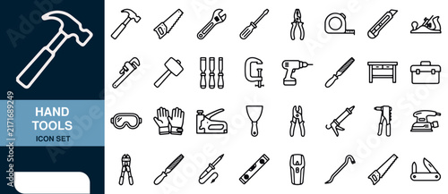 Hand Tools Icon Set with Label and Gloves. Construction Equipment Vector