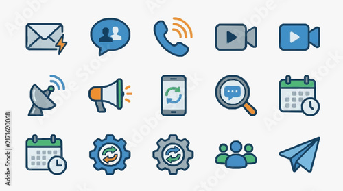 Corporate Flat Icons Set Showcasing Communication Technology and Productivity Tools in Blue Orange and Gray