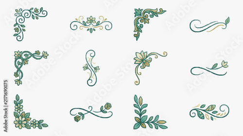 Corporate Elegant Watercolor Floral and Swirl Ornamental Designs in Green Gold and Teal for Branding Invitations and Stationery