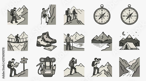 Corporate Flat Set of Mountain Hiking and Exploration Essentials with Minimalist Style Icons with high quality professional line art symbols for modern creative design and digital branding projects