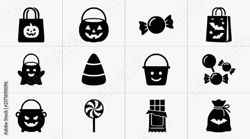 Corporate Halloween Themed Black and White Icons Set Bags Candies and Classic Symbols for Marketing and Design