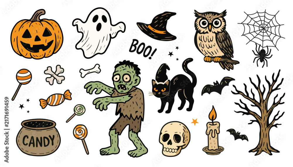 Fototapeta premium Set of spooky Halloween icons isolated on white background. Scary ghost, pumpkin, owl, monster and tree, skull, zombie elements. Fall autumn October holiday. Vector flat illustration