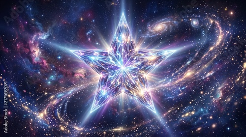 Shimmering crystalline starburst illuminates a vibrant, swirling nebula in deep space.