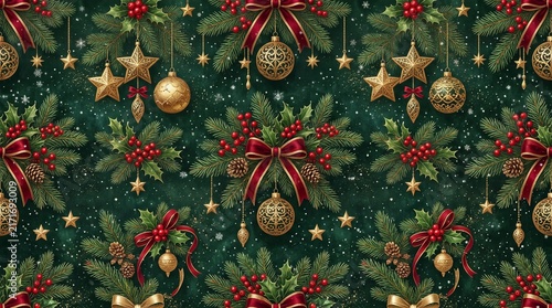 Gold star ornaments and red bows accent lush green pine boughs with red berries and falling snow.