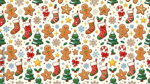 Gingerbread men, stockings, and candy canes create a cheerful holiday pattern on a light background.