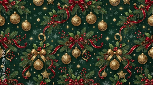 Christmas ornaments and pine branches adorn a festive green background with sparkling lights and snowflakes.