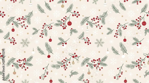 Seamless Christmas pattern features holly berries, pine needles, and baubles on a cream background.