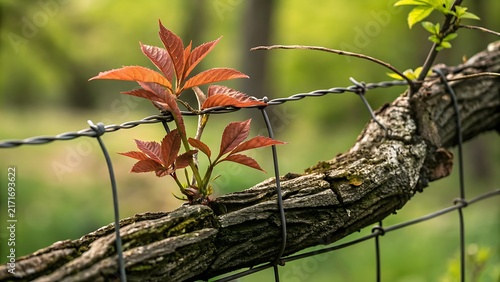 Red spring leaves growing on a tree branch entwined with a wire fence in a forest.