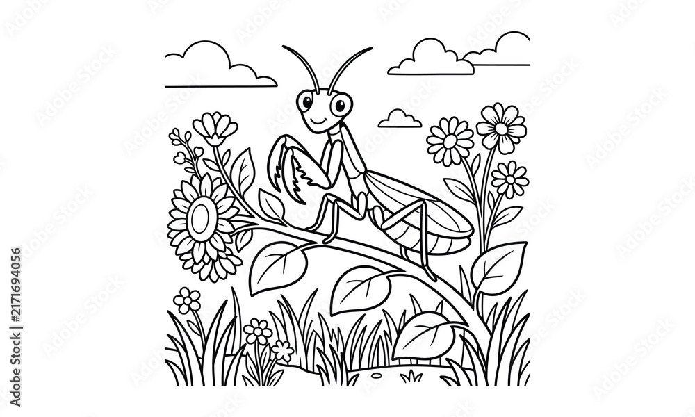 Fototapeta premium Praying mantis coloring page perched on a sunflower stem in a garden field. Detailed black and white line art outline illustration for kids coloring book and science worksheet.