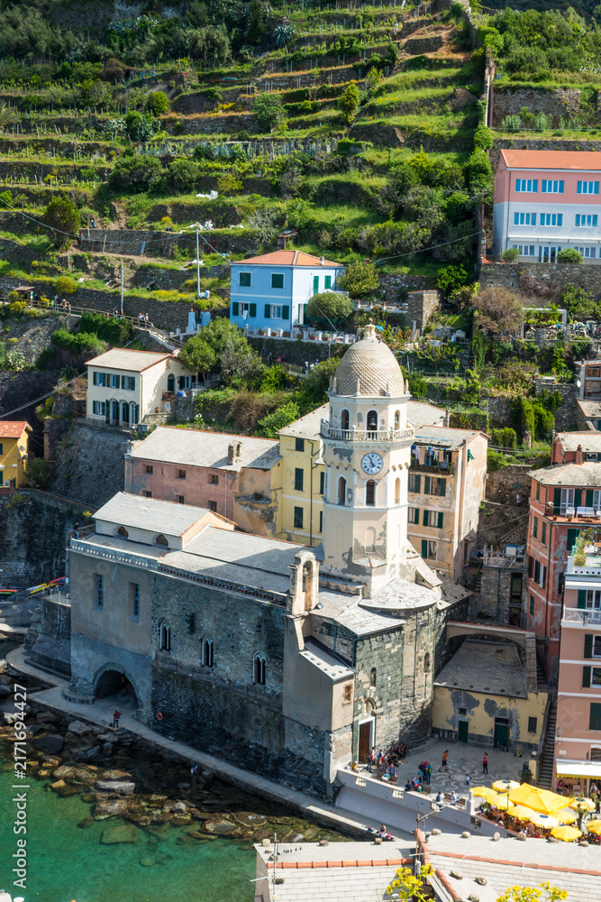Fototapeta premium Scenic view of Vernazza village with Church of St Margaret of Antioch