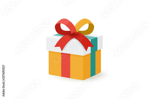 Gift box sits center stage, vibrant, inviting. Red bow loops with joyful, festive flair. Yellow and teal stripes frame crisp white lid. Soft shadow rests beneath, suggesting gentle light