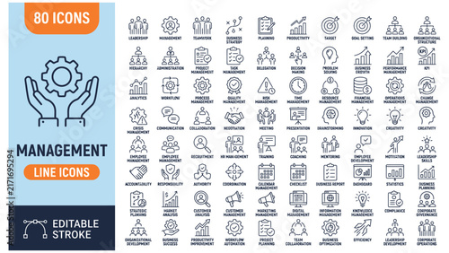 Management icon set. Containing management, teamwork, administration, strategy, leadership, business, planning, employee, and more. Editable stroke. Vector illustration