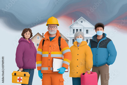 Four people stand ready for emergency response. One wears a hard hat and carries a first aid kit. Another holds a portable water container. Third carries a red medical kit