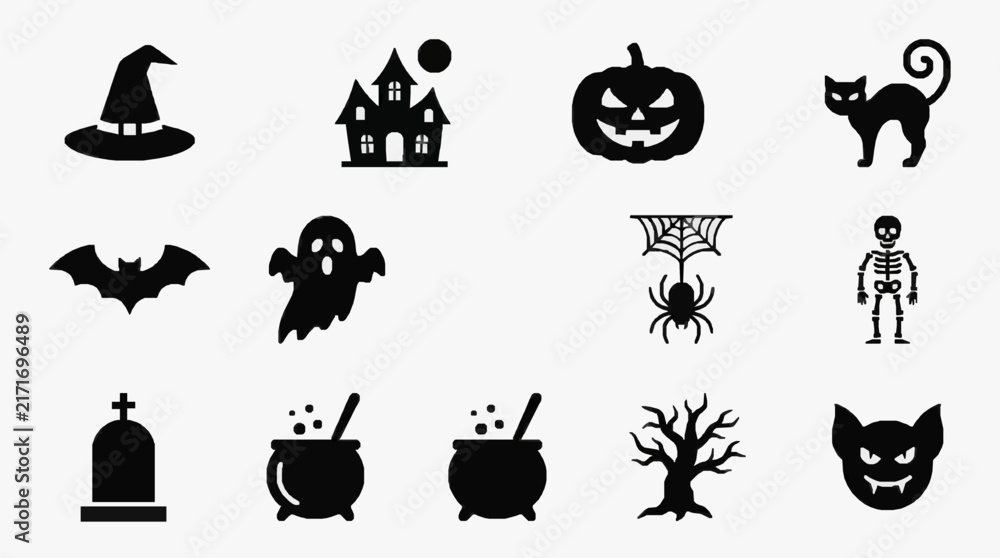 Fototapeta premium Creative Black and White Halloween Themed Icon Set Featuring Witch Hat Haunted House Jack O Lantern Ghosts Bats Spiders Skeletons Cauldron Graveyard and More