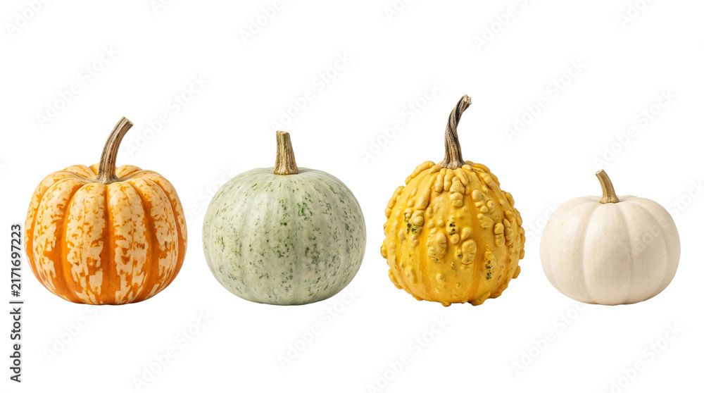 Fototapeta premium four assorted colorful pumpkins isolated on transparent background png