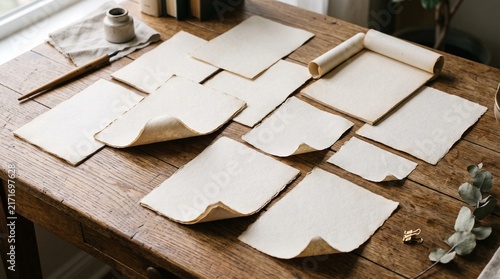 Scattered blank parchment papers lie on a rustic wooden table with inkwell and quill.