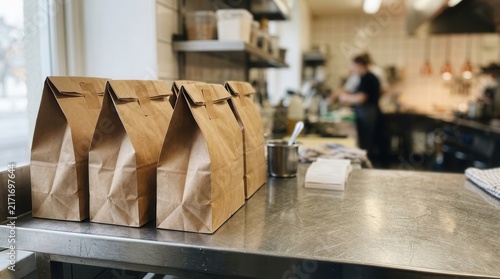 Eco-Friendly Brown Paper Takeaway Bags Lined Up on a Stainless Steel Restaurant Counter Ready for Customer Delivery and Efficient Culinary Service