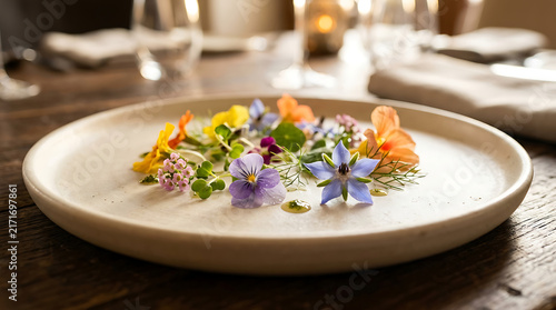 Artistic gourmet appetizer featuring edible flowers arranged on a ceramic plate