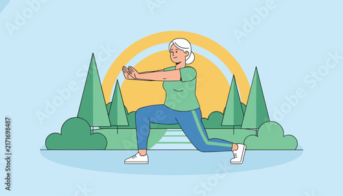 Active elderly woman practices tai chi yoga stretches in a peaceful park with pine trees under a warm morning sun.