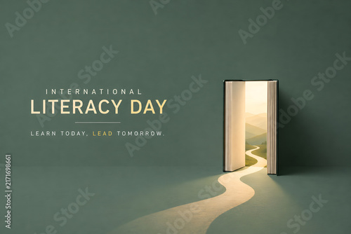Open book revealing a magical path toward sunny mountains representing international literacy day concepts in a creative minimalist digital illustration