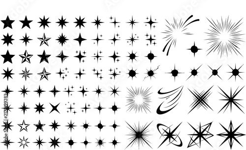 Sparkle stars with wavy magic trails, star shape silhouette with swirly twinkling effect. Minimalist celestial tattoo design, starbursts and swirls, cosmic aesthetic glitter sparkles vector set