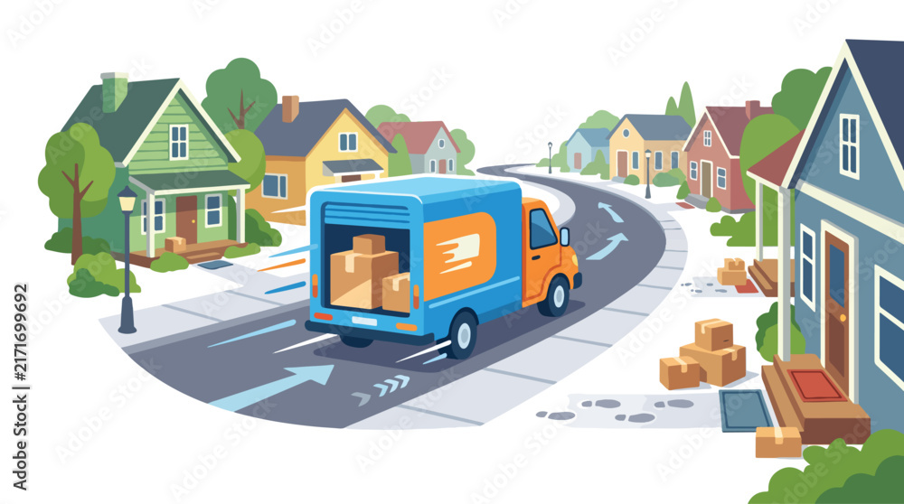 Naklejka premium Delivery truck driving through a suburban neighborhood