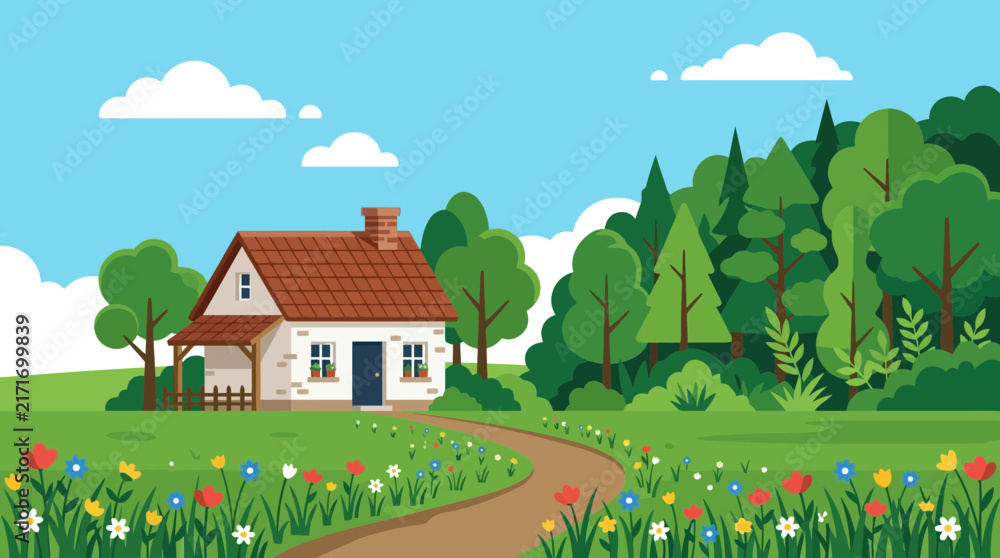 Naklejka premium A picturesque flat design vector illustration of a quaint country cottage exterior, nestled harmoniously beside a lush green forest with a winding path. 