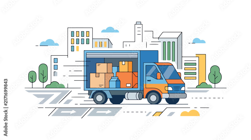 Naklejka premium Delivery truck with cardboard boxes driving through city streets