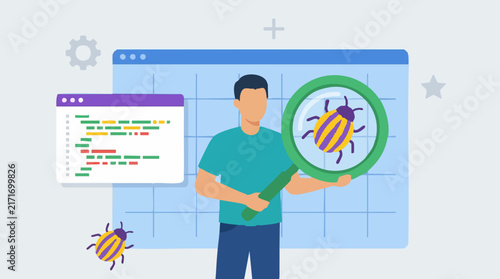 Software testing and debugging concept with programmer and bug icons
