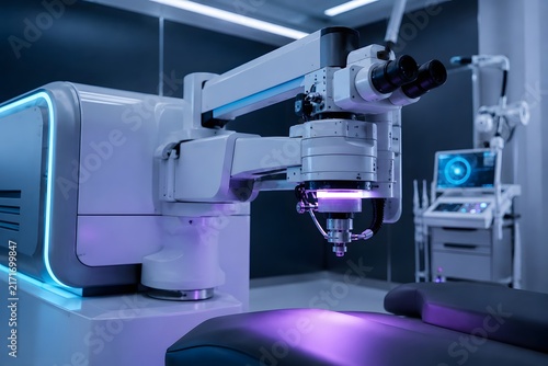 Advanced laser eye surgery machine with sterile blue and purple lighting in a modern operating room