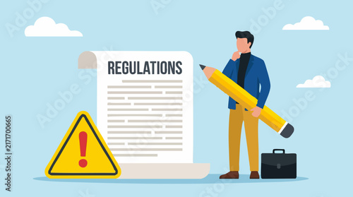 Man with pencil reviewing regulations document and warning sign
