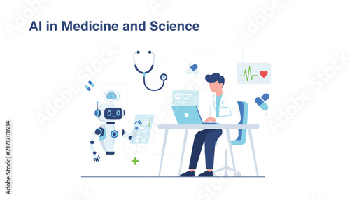 Medical doctor collaborating with a smart medical robot assistant in healthcare technology and artificial intelligence.