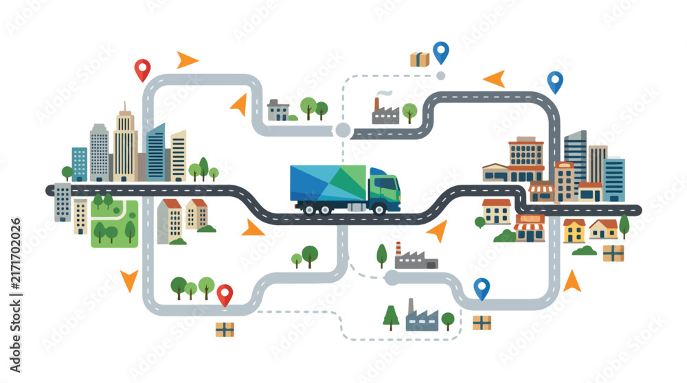 Obraz premium Logistics delivery truck driving through a urban supply chain network