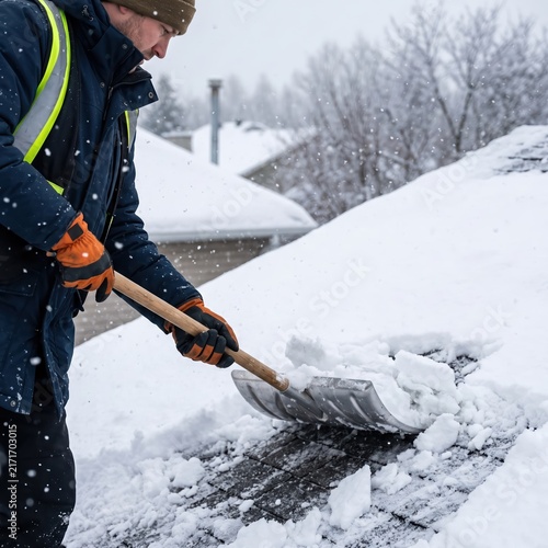 Person removing snow from roof with shovel during snowfall. Winter roof cleaning and maintenance service. Protection from ice damage and natural disaster concept.