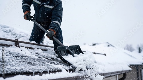 Person removing snow from roof with shovel during snowfall. Winter roof cleaning and maintenance service. Protection from ice damage and natural disaster concept.