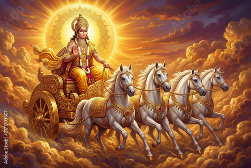 Majestic sun god from Indian mythology seated on a lotus chariot with a beautiful divine aura