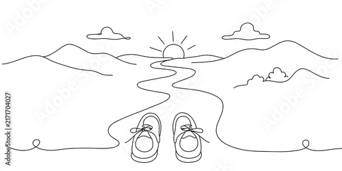 Couple sneakers on mountain journey line art design