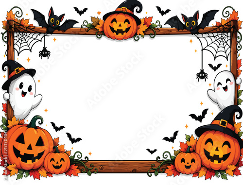Cute Halloween spooky photo frame with pumpkins, ghosts, and bats illustration