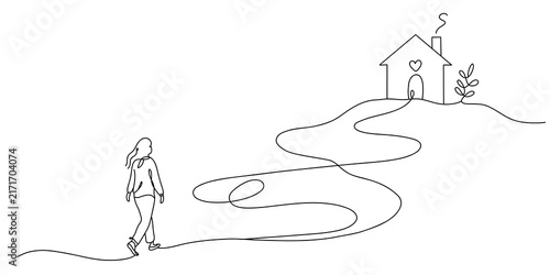 Single continuous line drawing woman walking toward home