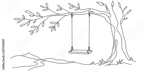 Konstfotografi Minimalist line drawing of wooden swing hanging from tree branch in nature