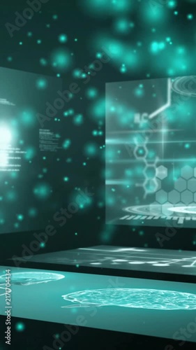 Animation of screens with scientific data processing on dark background