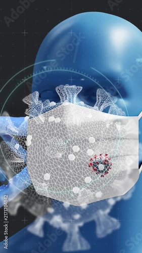 Digital animation depicts DNA, Covid-19, and masked human in a pandemic concept.