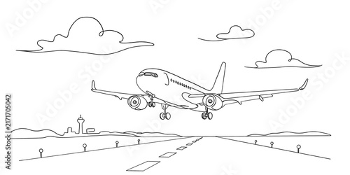 Hand drawn illustration of commercial airplane landing on runway with clouds and control tower