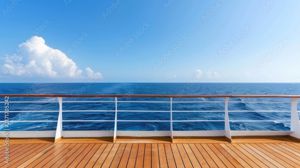 Fototapeta premium Expansive view from a serene cruise ship deck featuring a warm wooden surface and white railing looking out towards the vast calm blue ocean and a bright sky with fluffy clouds